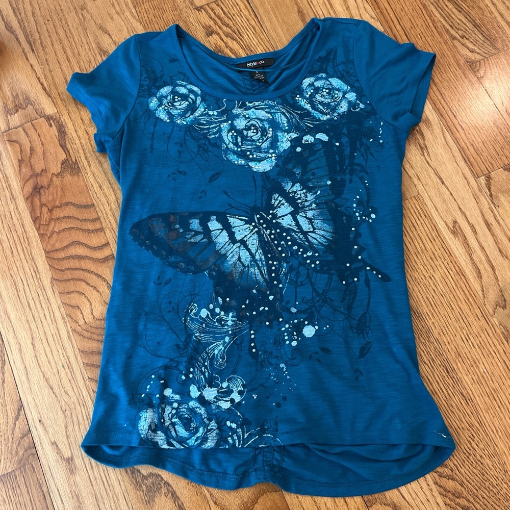 Xhilaration Blue Graphic Cap Sleeve Tee